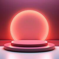 Red glowing podium, empty flat stage for displaying goods, items photo