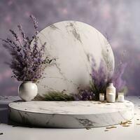 Empty minimalistic podium with lavender for goods, cosmetics, medicines. Stage, pedestal, demonstration of things photo