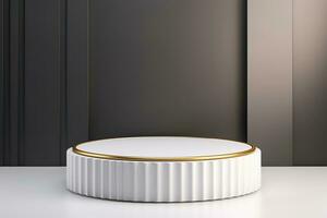 Minimalist white stage with golden decor for product display. Podium, pedestal, exhibition, empty space photo