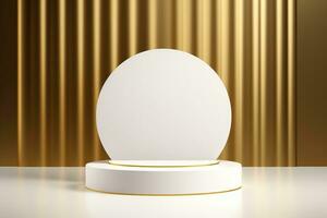 Minimalist white stage with golden decor for product display. Podium, pedestal, exhibition, empty space photo