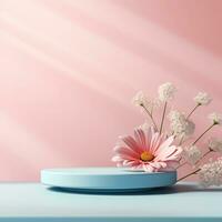 Empty round product stage with flowers. Podium, pedestal, place for product demonstration, platform. Minimal style, pastel colors photo
