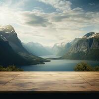 Wooden table, podium for goods against the backdrop of mountains. Stage, pedestal, advertising space photo