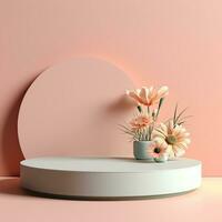 Empty round product stage with flowers. Podium, pedestal, place for product demonstration, platform. Minimal style, pastel colors photo
