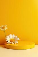Empty round stage for product. Podium, pedestal, place for product demonstration, platform. Minimalism, voluminous flowers, pastel yellow photo