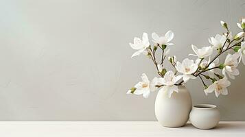 Simple empty mockup scene, free space, table for advertising with jasmine flowers, product demonstrations, paintings. Light white pastel color photo