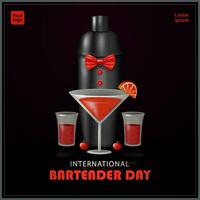 Bartender day. Creative concept Cocktail with bar shaker wearing bow tie. 3d vector, suitable for business events and advertising vector