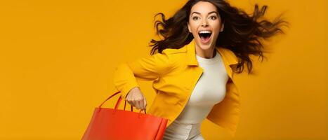 Excited woman running with shopping bag on yellow background AI Generated photo