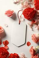 Modern blank valentine gift tag mockup with red rose leaves petals AI Generated photo