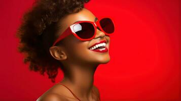 africano hermosa hembra modelo vistiendo miedoso elegante Gafas de sol, sonriente en rojo antecedentes con copyspace ai generado foto