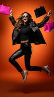 Excited woman jumping high with shopping bags in black friday on orange background AI Generated photo