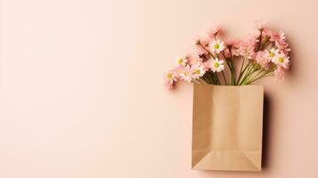 Rectangle blank brown paper envelope kraft mockup with pink flower background AI Generated photo