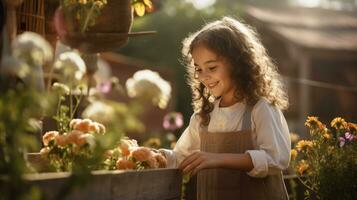 sonriente pequeño niña tomar cuidado y planta flores en el jardín o un granja ai generado foto