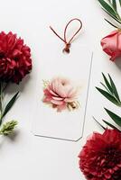 moderno regalo etiqueta burlarse de arriba con rojo flor Perfecto para Boda ai generado foto