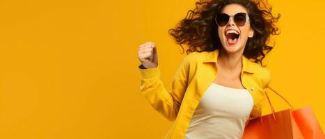 emocionado mujer corriendo con compras bolso en amarillo antecedentes ai generado foto