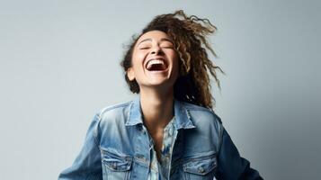 Cheerful young african woman wearing a denim jacket with her arms outstretched AI Generated photo