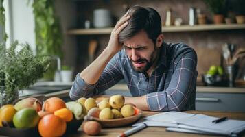 Man upset headache depressed from cost of living got higher from inflation of grocery price by supermarket AI Generated photo