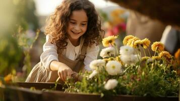 sonriente pequeño niña tomar cuidado y planta flores en el jardín o un granja ai generado foto