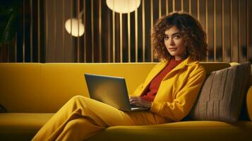 Woman wearing yellow sweater sitting on yellow sofa working at home with laptop AI Generated photo