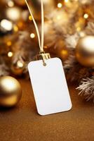 Modern Gift Tag for Christmas Holiday Mockup on gold background AI Generated photo