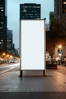 blanco burlarse de arriba de vertical calle póster cartelera en oscuridad noche para márketing o anuncio ai generado foto