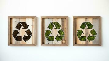 Set green recycling signs on wooden box isolated white background AI Generated photo