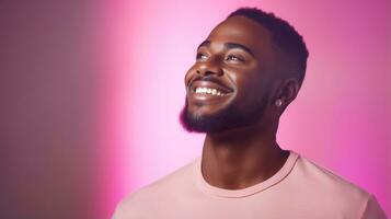 Portrait of a smiling young african american man on pink neon light background with copyspace AI Generated photo