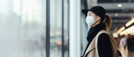 mujer con blanco protector desechable médico cara máscara en público área, aeropuerto o ciudad subterraneo, codicioso concepto ai generado foto