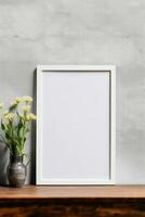blanco vertical imagen marco Bosquejo colgando en un llanura pared con de madera escritorio mesa y flor florero ai generado foto