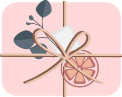 Weihnachten und Geburtstag Geschenk Box oben Sicht. DIY Geschenk Box mit Foto, Scheibe von orange, Schnur Bogen und Ast von Eukalyptus. farbig Wohnung. png, Transparenz. png