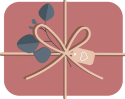 Christmas and birthday gift box top view. DIY present box with tag, twine bow and branch of eucalyptus. Colored flat. PNG, transparency. png