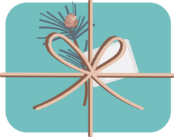 Christmas green gift box top view. DIY present box with foto, pinecone, twine bow and fir twigs. Colored flat . PNG, transparency. png