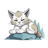 Cute cartoon lynx sitting on a rock. Vector illustration.