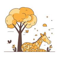 Vector illustration of giraffe and tree. Flat style design. Cute cartoon animals.