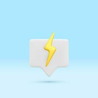 3d realistic speech bubble with thunder bolt isolated on blue background. Flash lightning for online social communication on applications. Vector illustration