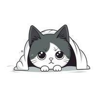 Cute black and white cat hiding under a blanket. Vector illustration.