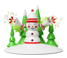 3d Schneemann hält Megaphon oder Hand Lautsprecher mit Weihnachten Baum. bekannt geben Beförderung Nachricht, fröhlich Weihnachten und festlich Neu Jahr, 3d machen Illustration png