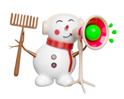 3d snowman holds megaphone or hand speaker. announce promotion news, merry christmas and festive New Year, 3d render illustration png