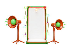 3d Handy, Mobiltelefon Telefon, Smartphone mit Glas transparent Lampe, Megaphon, Party Banner, bekannt geben Beförderung Nachricht. fröhlich Weihnachten und glücklich Neu Jahr, online Einkaufen, 3d machen Illustration png