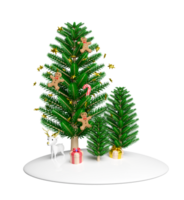 Christmas tree with decorations, gingerbread man, candy cane, gift box, deer, snow hill. merry christmas and happy new year, 3d render illustration png