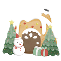 a gingerbread house with snowman and christmas tree png