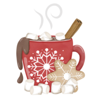 hot chocolate with marshmallows and snowflakes on transparent background png