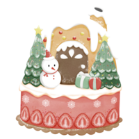 a gingerbread house with a snowman on top of strawberry cake png