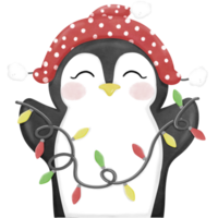 pequeno pinguim vestindo vermelho chapéu segurando Natal luzes png