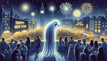 A bustling New Year celebration with fireworks and vibrant lights, but amidst the joy, a translucent ghost, symbolizing depression, appears forlorn near a clock tower. AI Generative photo