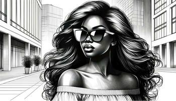 crujiente dibujo de un dama con africano descendencia, poniéndose de gran tamaño Gafas de sol, su pelo fluido graciosamente, y su postura exudando confianza, conjunto en contra un contemporáneo urbano fondo. ai generativo foto