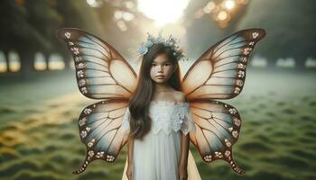 foto de un joven niña con diverso descendencia, en pie graciosamente con grande, delicado mariposa alas emergente desde su atrás, conjunto en contra un soñador al aire libre antecedentes. ai generativo