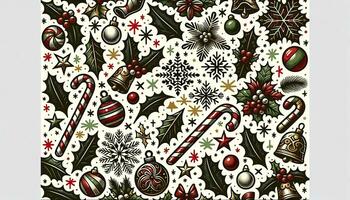 A classic pattern featuring hand-drawn illustrations of holly leaves, candy canes, snowflakes, bells, and stars in traditional festive colors. AI Generative photo