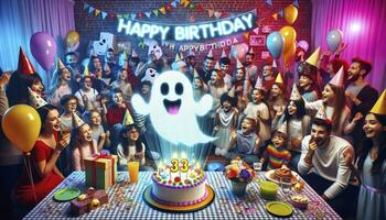 A birthday party scene with a holographic projection of a ghost. The room is filled with guests in colorful attire, balloons, confetti, and a neon 'Happy Birthday' sign. AI Generative photo