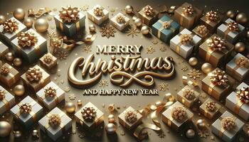 A design with gold lettering and a background filled with beautifully wrapped gift boxes and festive decorations  AI Generative photo