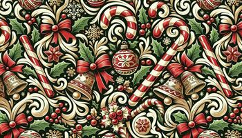 A traditional holiday pattern with symbols like candy canes, holly leaves, and bells in a festive color palette. AI Generative photo